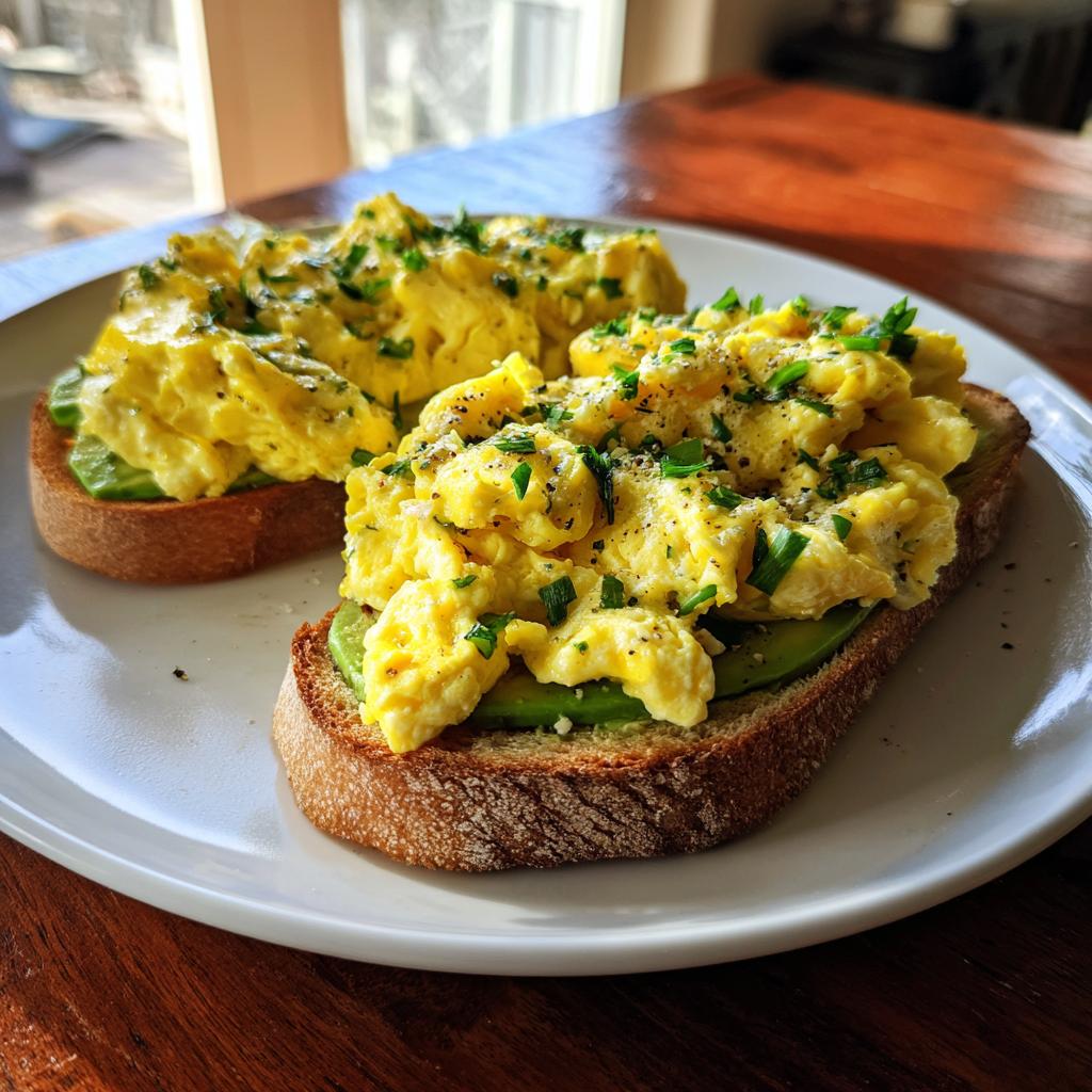 Two slices of avocado toast topped with scrambled eggs and chopped herbs on a white plate.