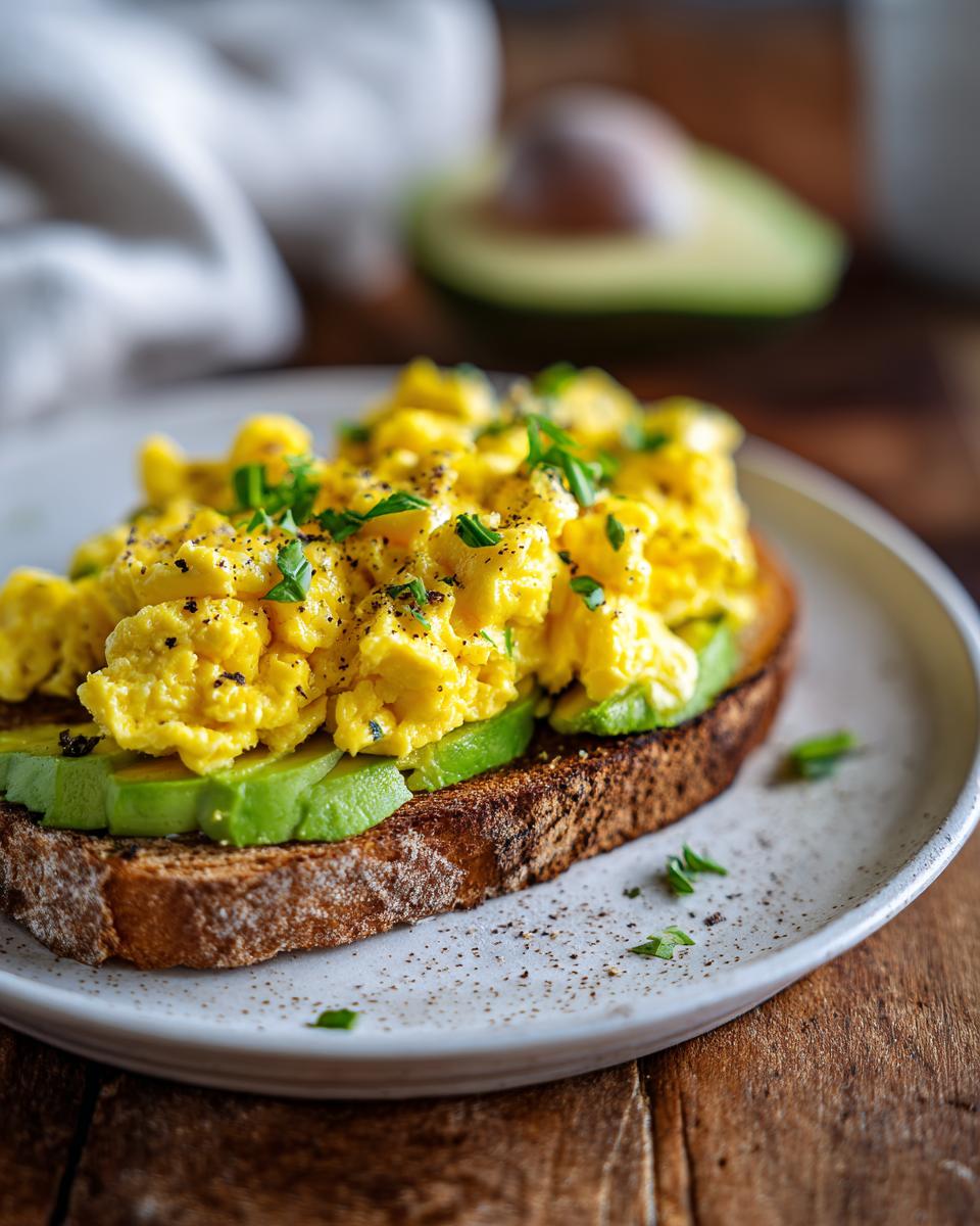 Scrambled eggs on avocado slices atop toasted bread garnished with herbs on a white plate
