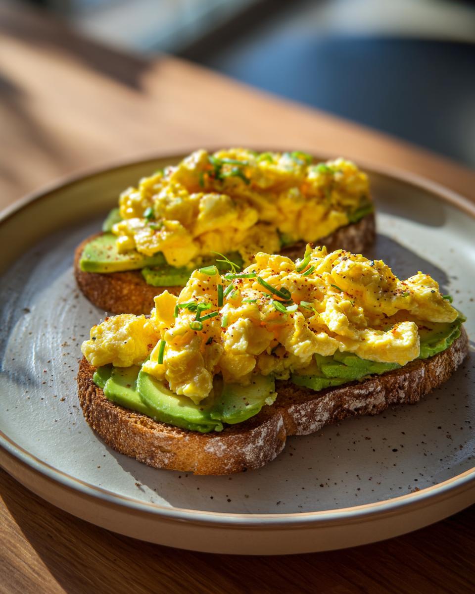 Two slices of avocado toast topped with scrambled eggs and garnished with herbs on a plate.