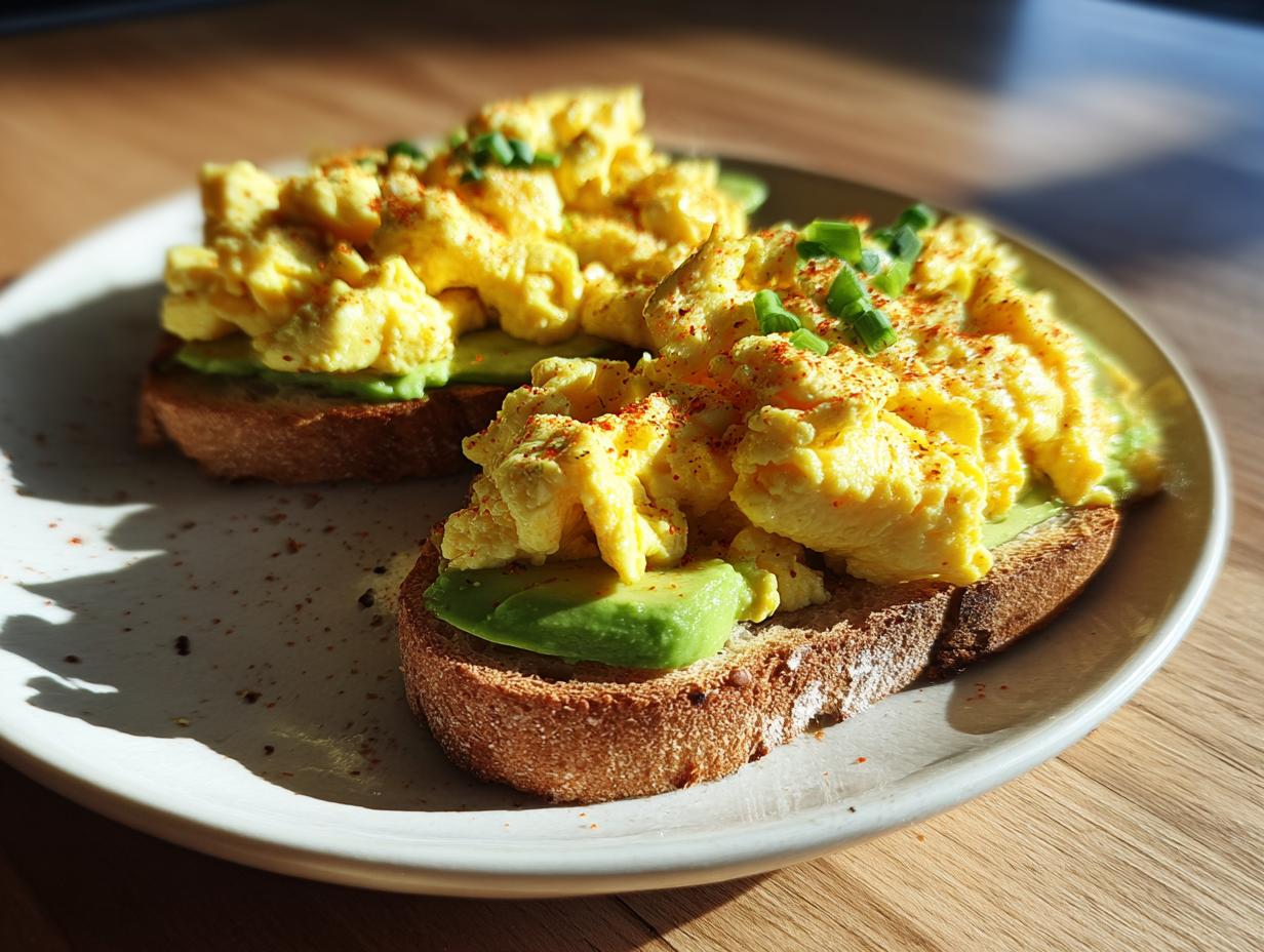 Two slices of avocado toast topped with scrambled eggs and garnished with chopped green onions.