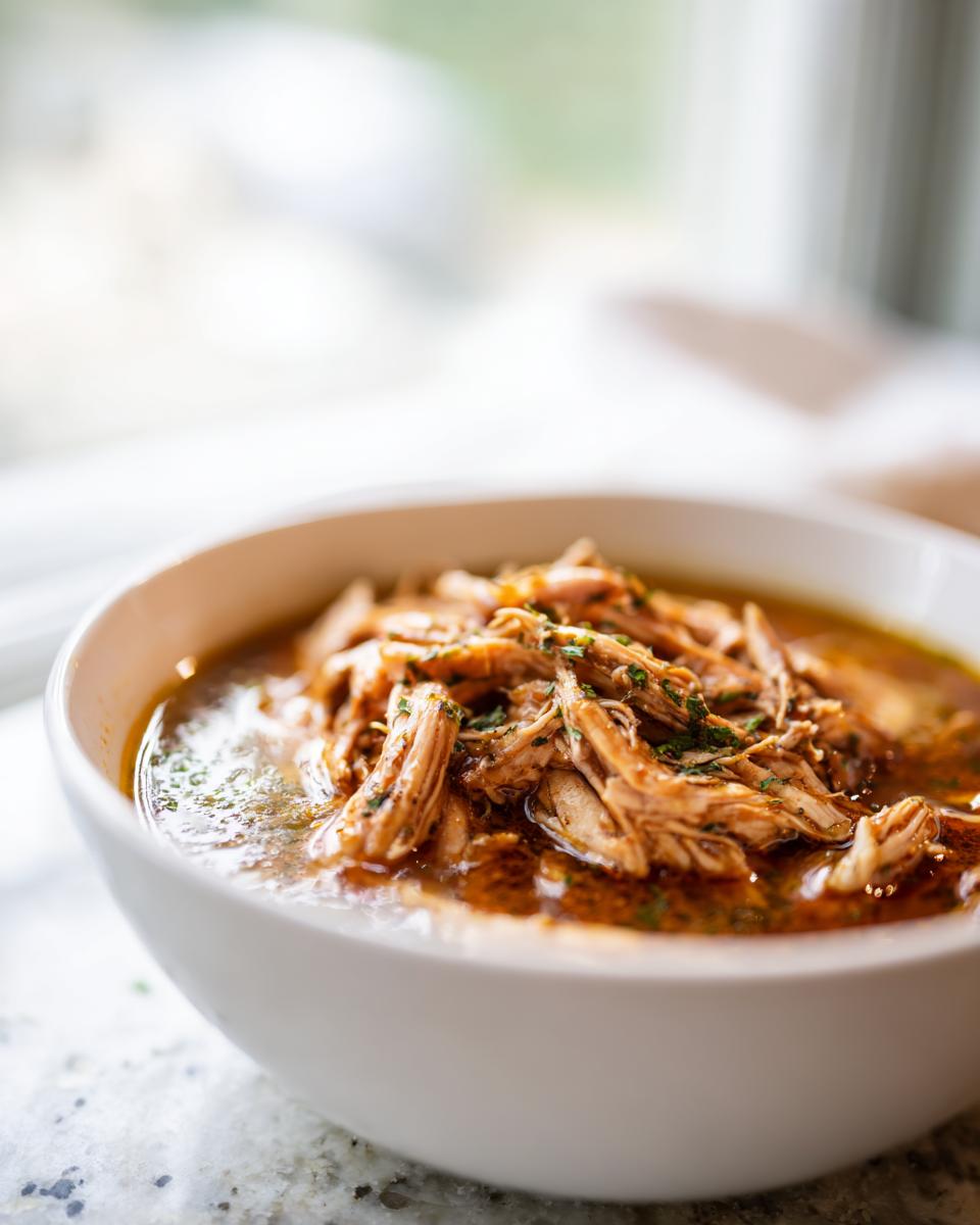 Bowl of shredded chicken in flavorful broth, an easy slow cooker recipe.