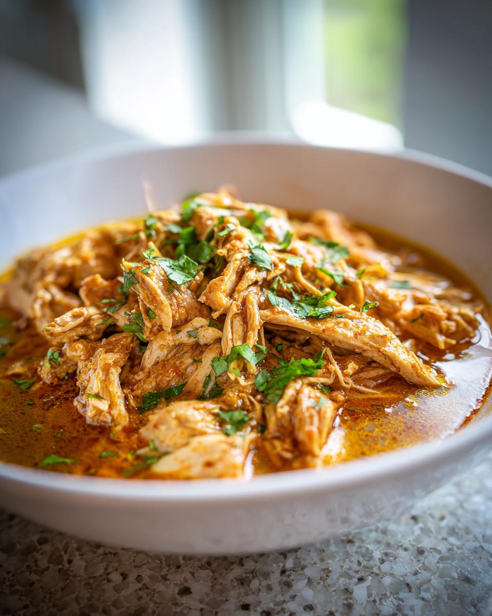 Bowl of shredded chicken in flavorful sauce garnished with fresh herbs, easy slow cooker recipes