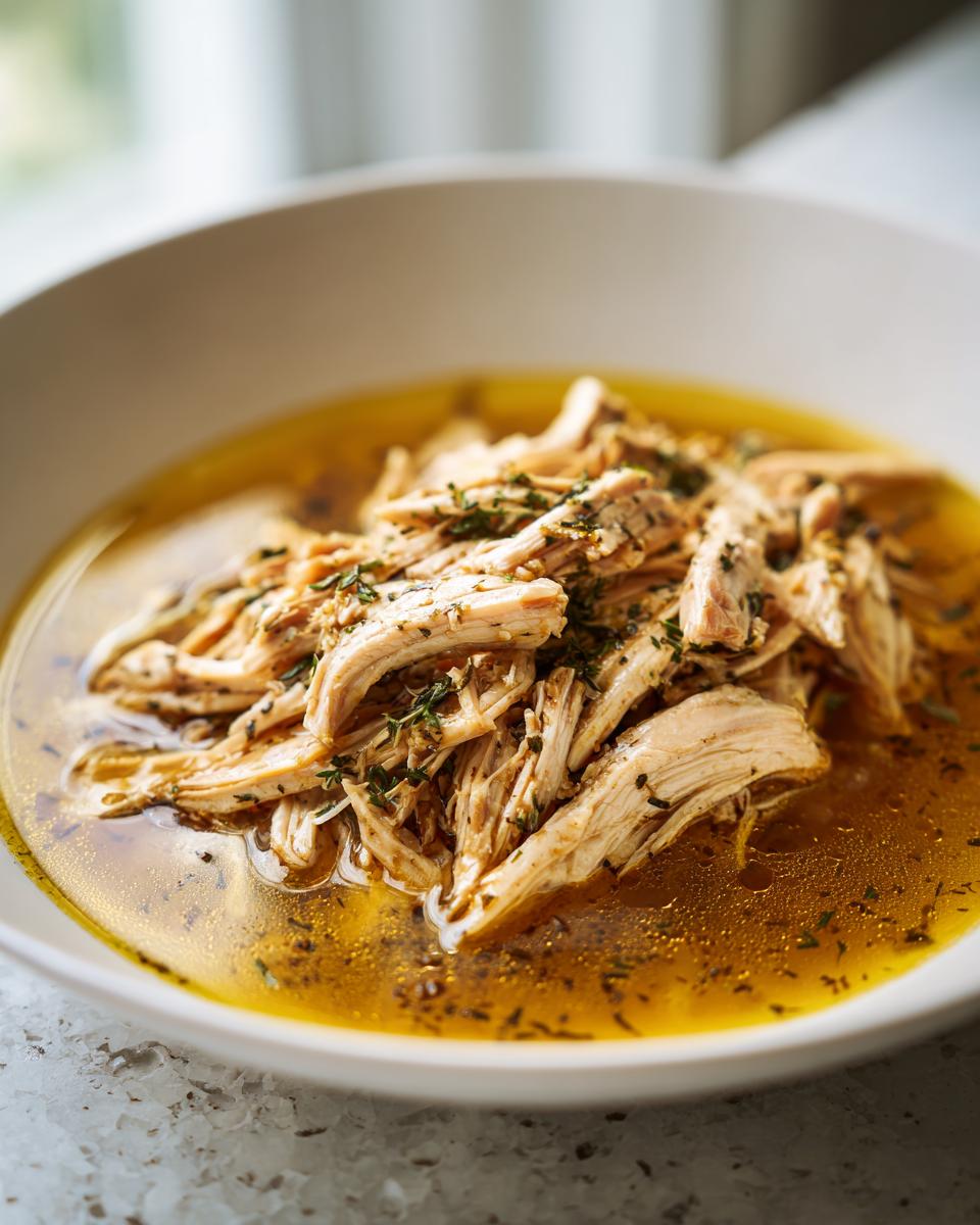 Bowl of shredded slow cooker chicken seasoned with herbs in broth.