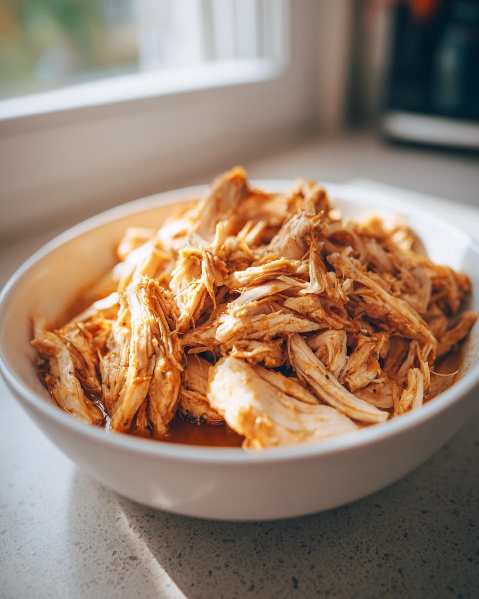Bowl of shredded chicken cooked in a slow cooker with sauce on kitchen counter