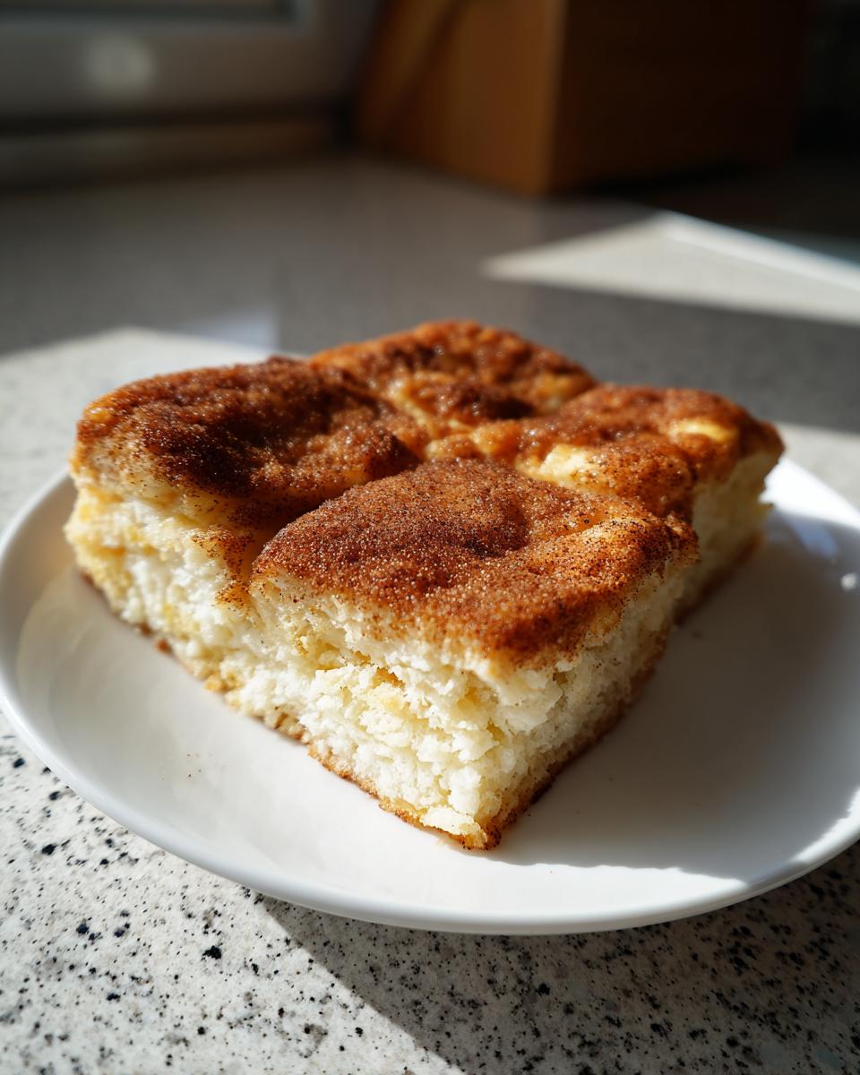Close-up of a slice of cinnamon sugar baked cake on a white plate.