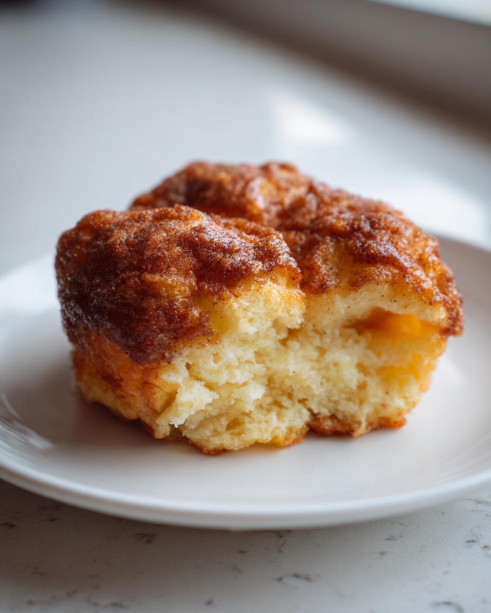 Close-up of a cinnamon sugar muffin split open on a white plate, showcasing its soft texture.