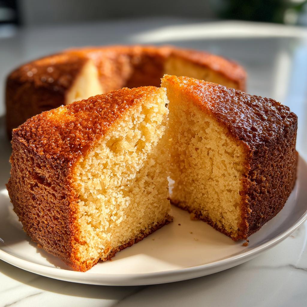 Close-up of a moist vanilla cake slice from simple baking recipes on a white plate