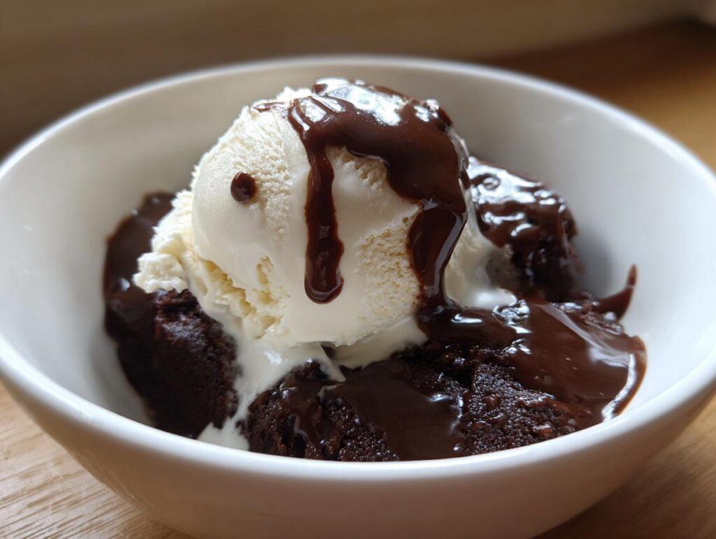 Vanilla ice cream topped with simple chocolate sauce over a brownie in a white bowl.