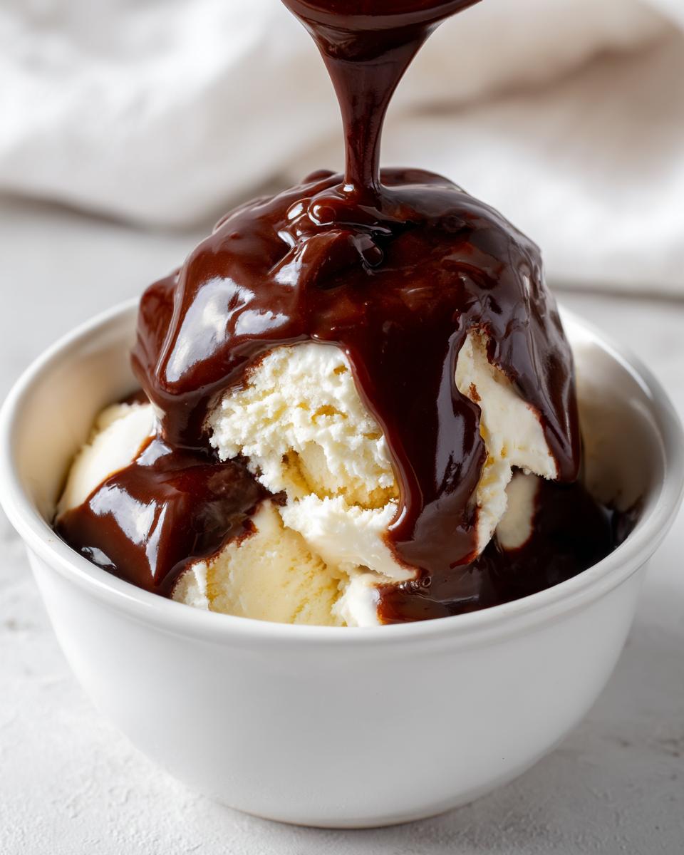 Rich simple chocolate sauce being poured over a scoop of vanilla ice cream in a white bowl
