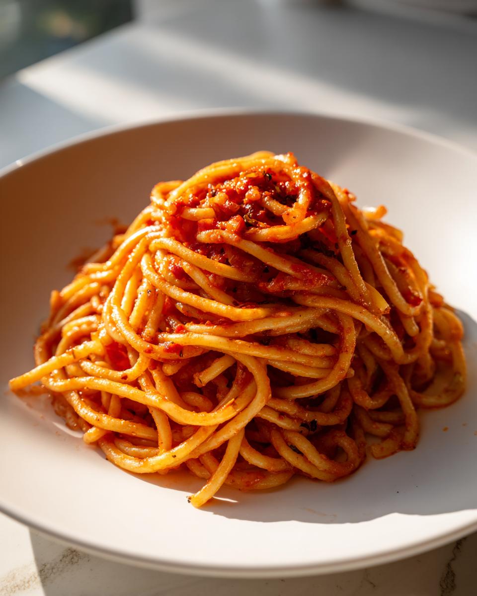Plate of spaghetti with rich tomato sauce, representing budget friendly meals