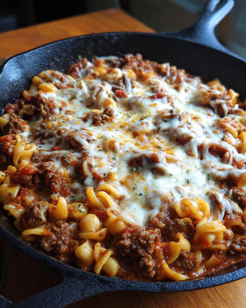 Skillet dinner recipes featuring ground beef pasta topped with melted cheese in a cast iron skillet.