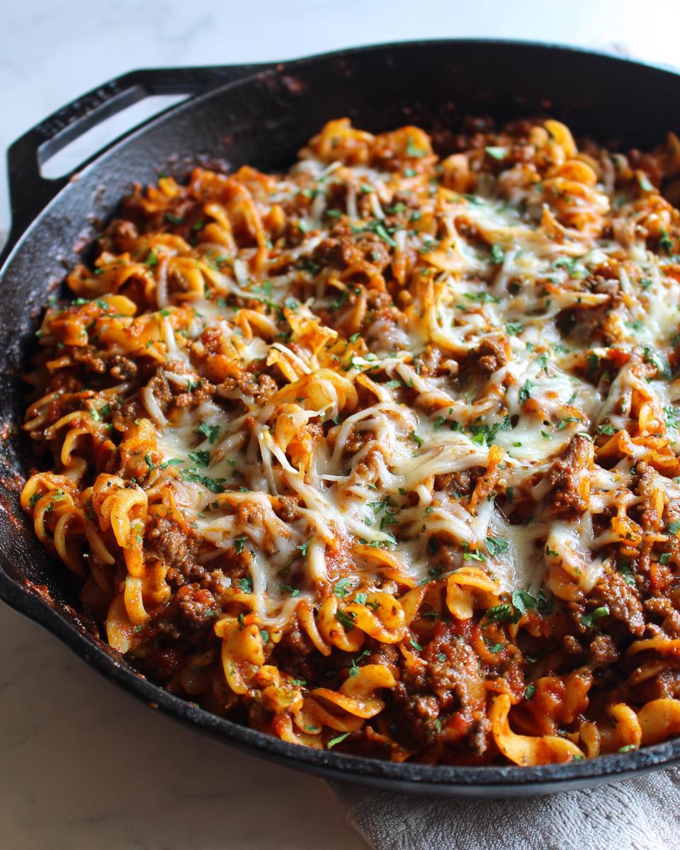 Skillet dinner recipes with ground beef, rotini pasta, tomato sauce, melted cheese, and herbs in a cast iron pan