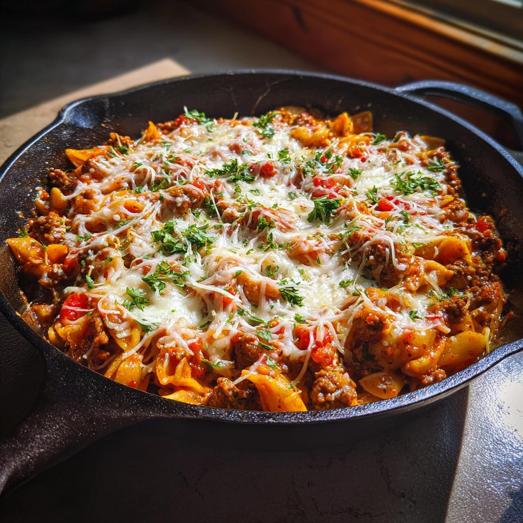 Cast iron skillet filled with a cheesy pasta and ground meat skillet dinner recipe garnished with herbs.