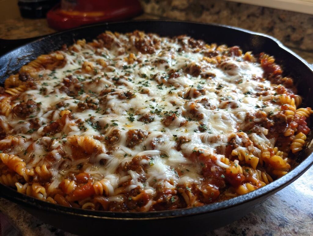 Skillet dinner recipes featuring pasta with melted cheese and ground meat in a cast iron skillet