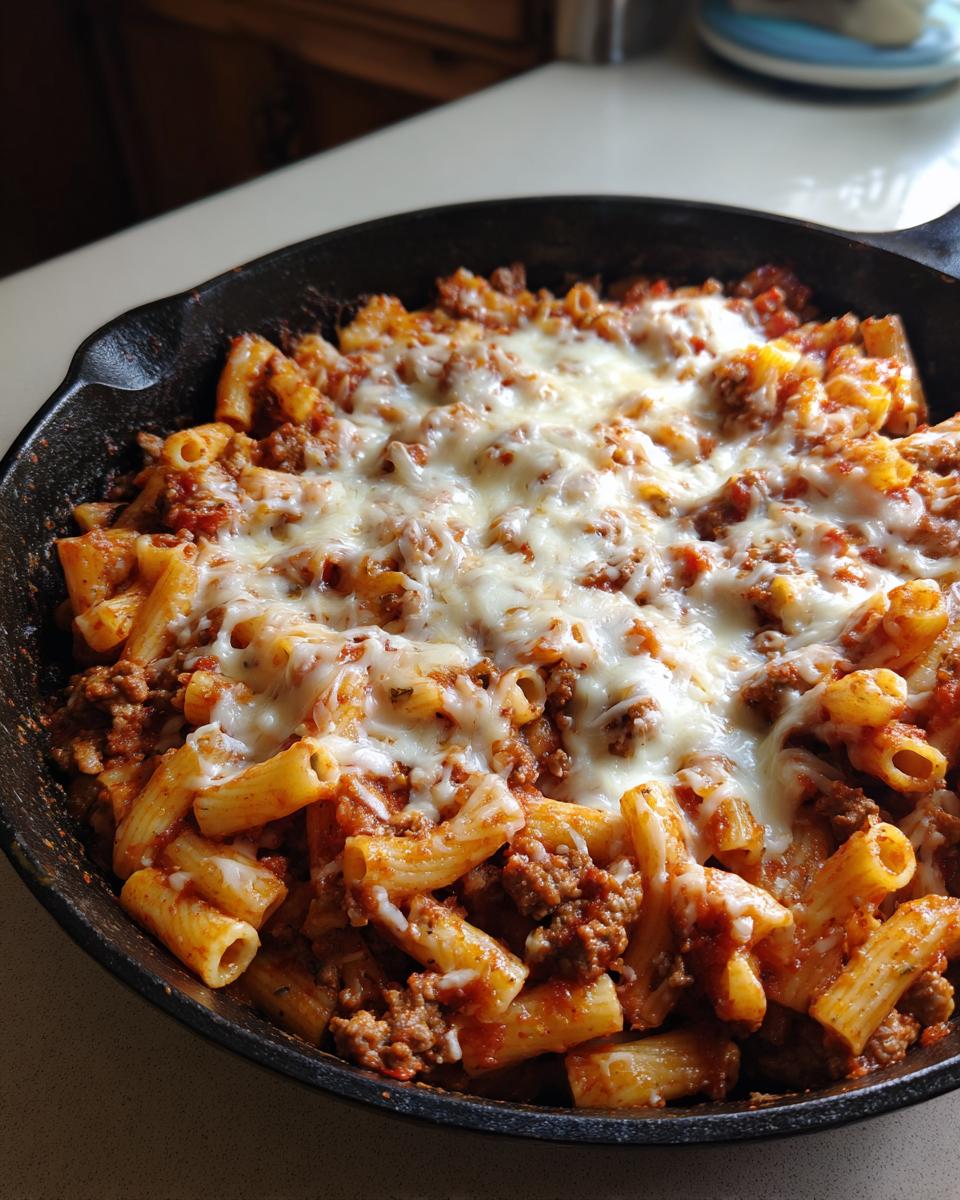 Skillet dinner recipes featuring pasta with ground meat and melted cheese in a cast iron skillet.