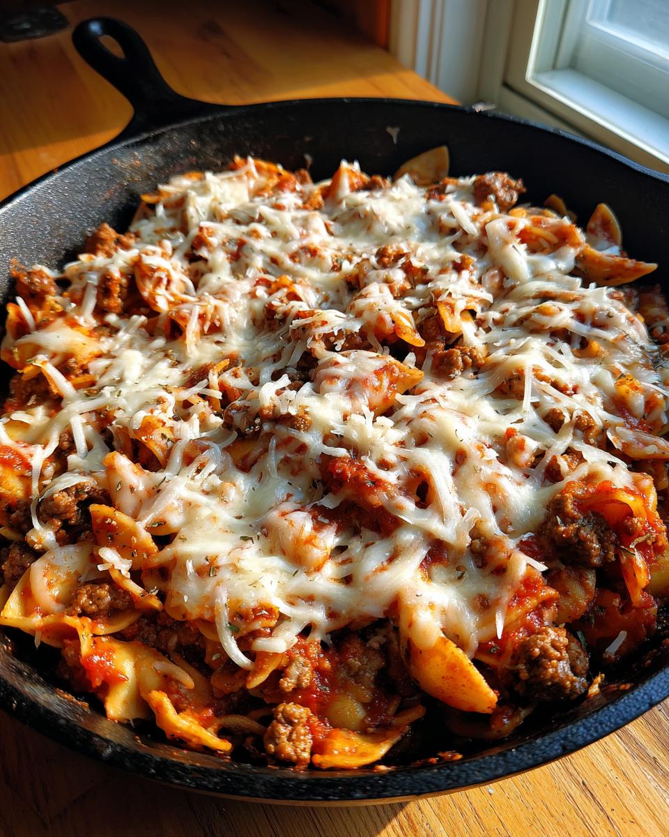 Skillet dinner recipes with pasta, ground meat, tomato sauce, and melted cheese in a cast iron pan.
