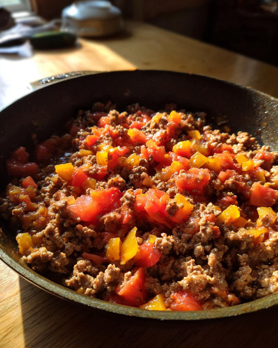 Skillet cooking ground beef with diced tomatoes and yellow bell peppers for quick weeknight meals