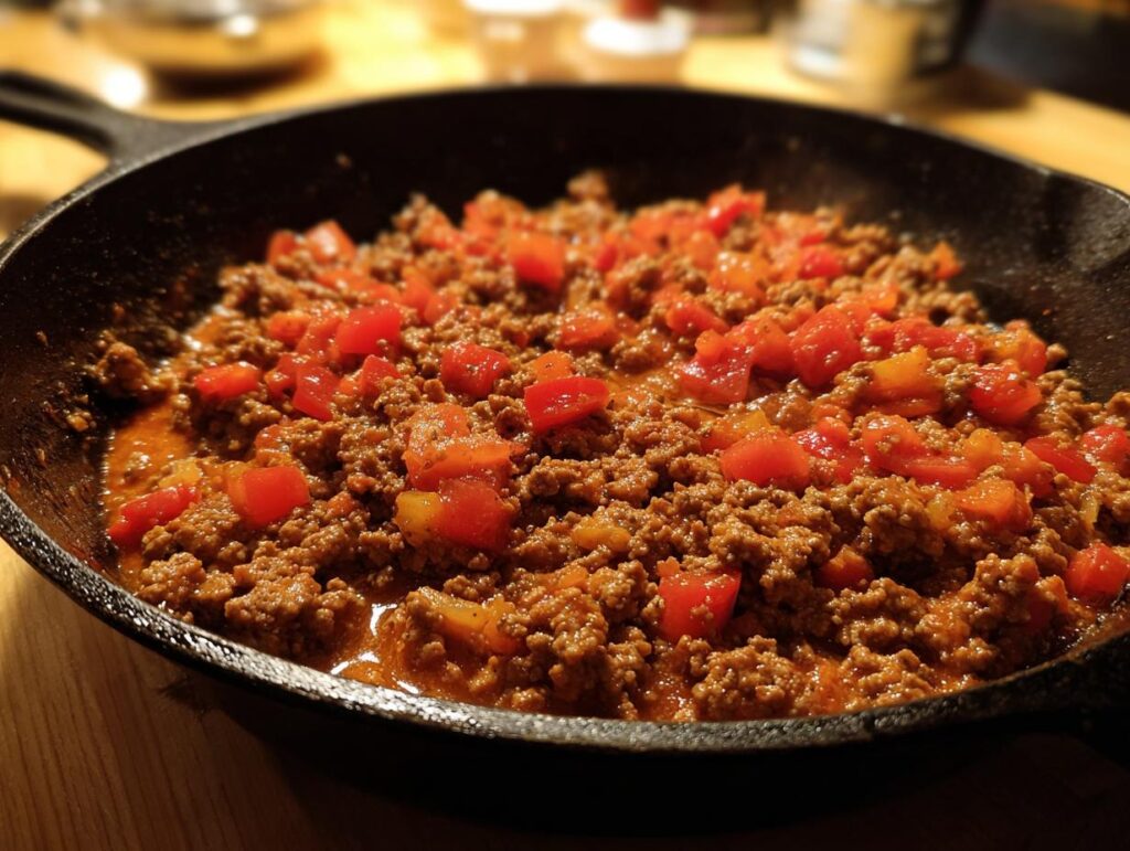 Skillet cooking ground beef with diced red and yellow peppers for quick weeknight meals