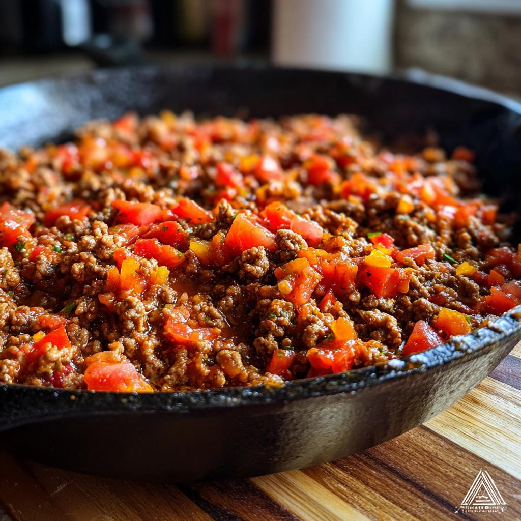Close-up of skillet with seasoned ground beef and diced tomatoes for quick weeknight meals