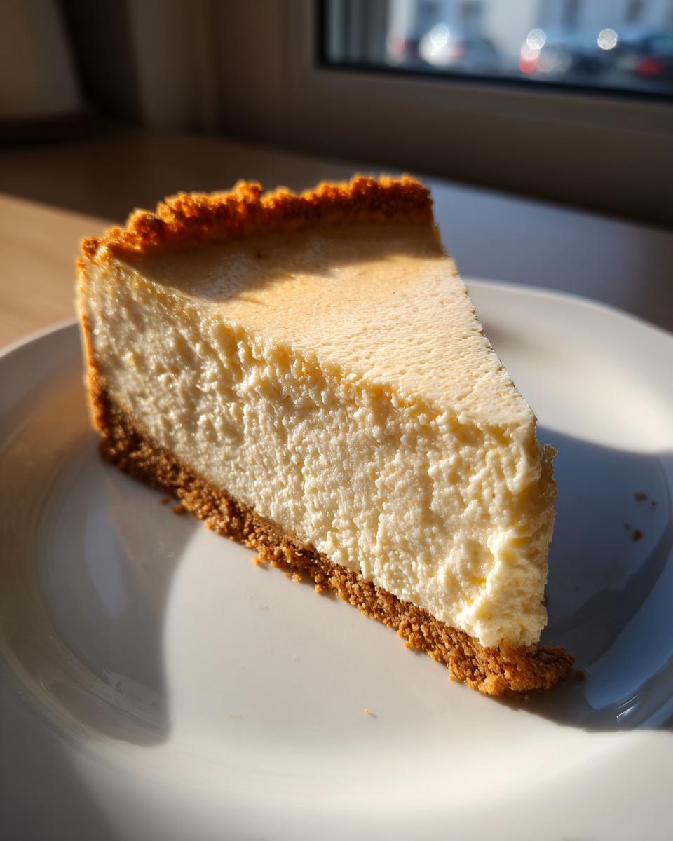 Close-up of a creamy slice of cheesecake with a graham cracker crust on a white plate.