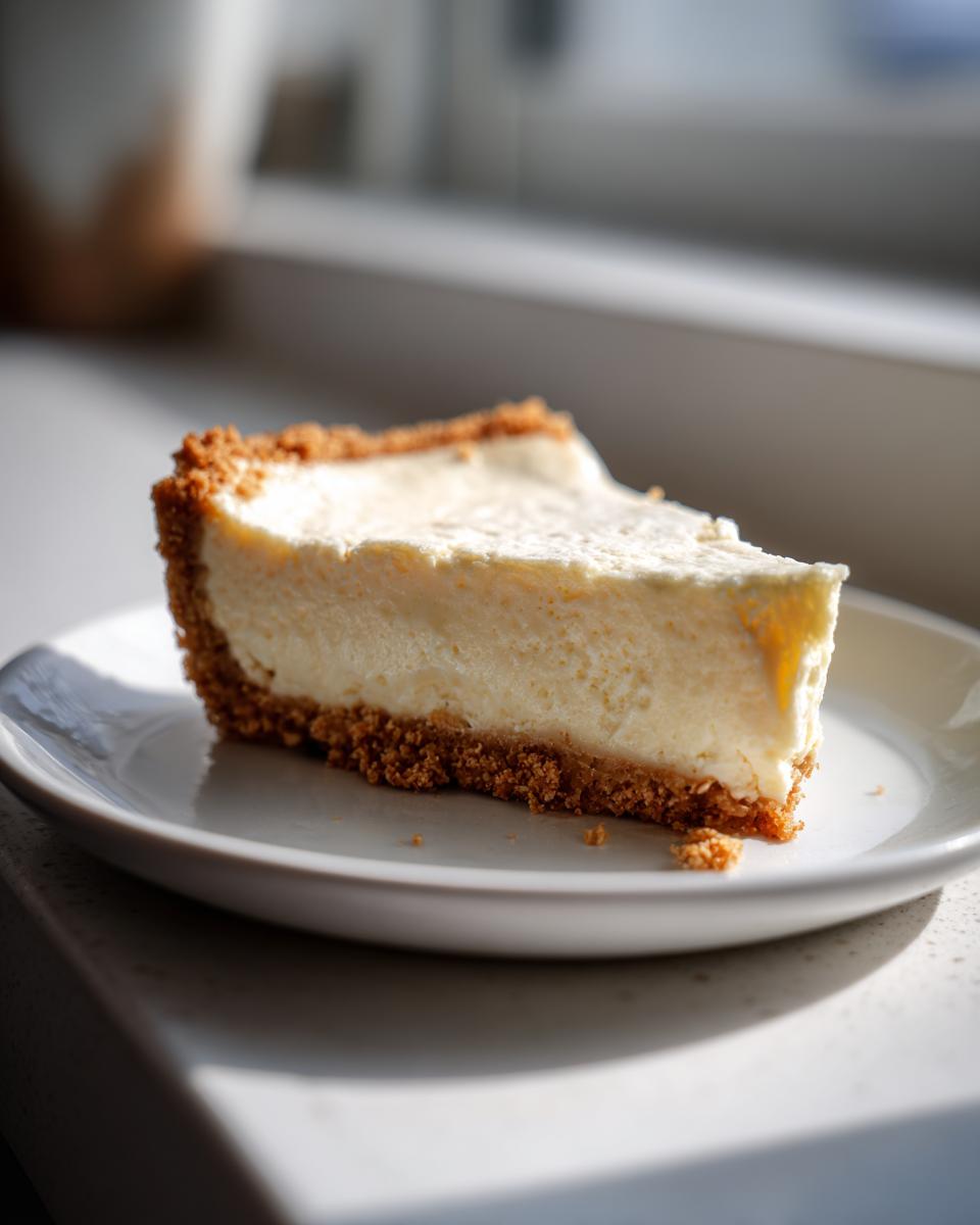 Close-up of a slice of creamy easy cheesecake recipe with a graham cracker crust on a white plate.
