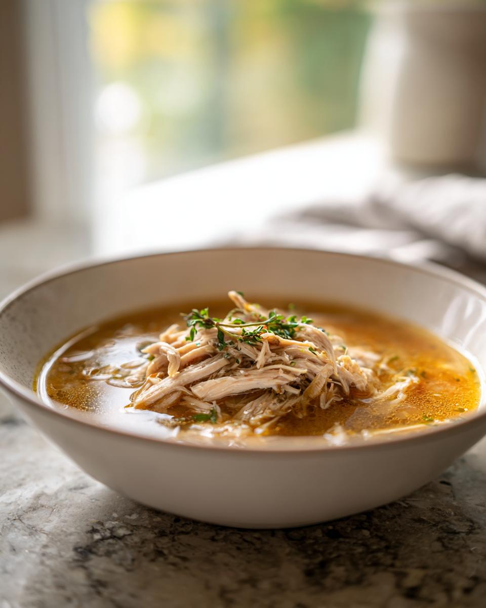 Bowl of slow cooker chicken soup with shredded chicken and herbs on top.