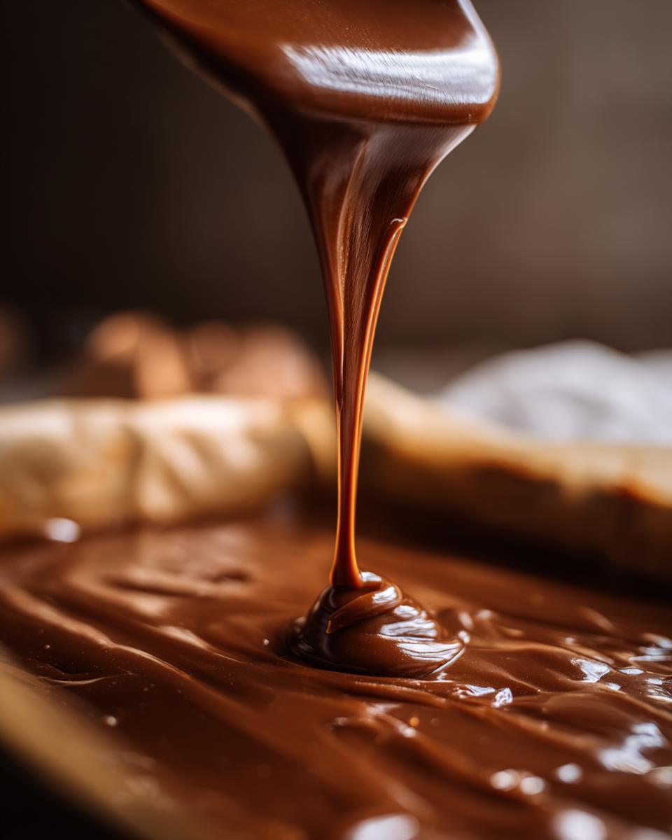 Close-up of smooth chocolate caramel dessert sauce being poured with rich texture
