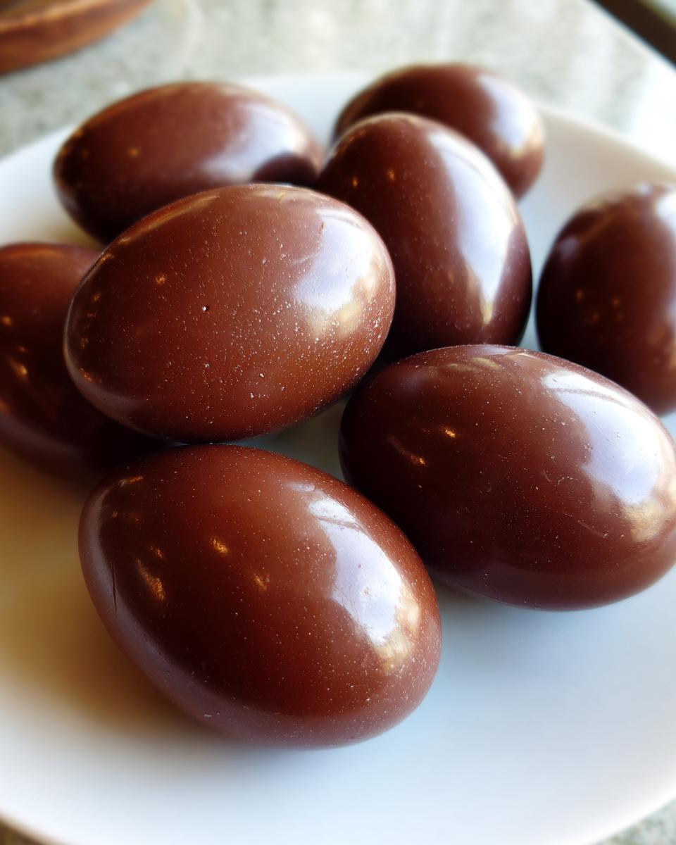 Close-up of smooth chocolate Easter eggs arranged on a white plate for Easter chocolate recipes