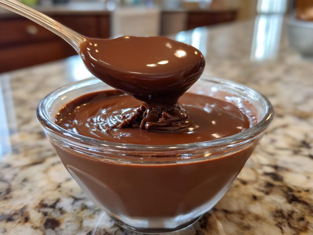 A spoon lifting thick, smooth chocolate pudding from a glass bowl on a kitchen counter.