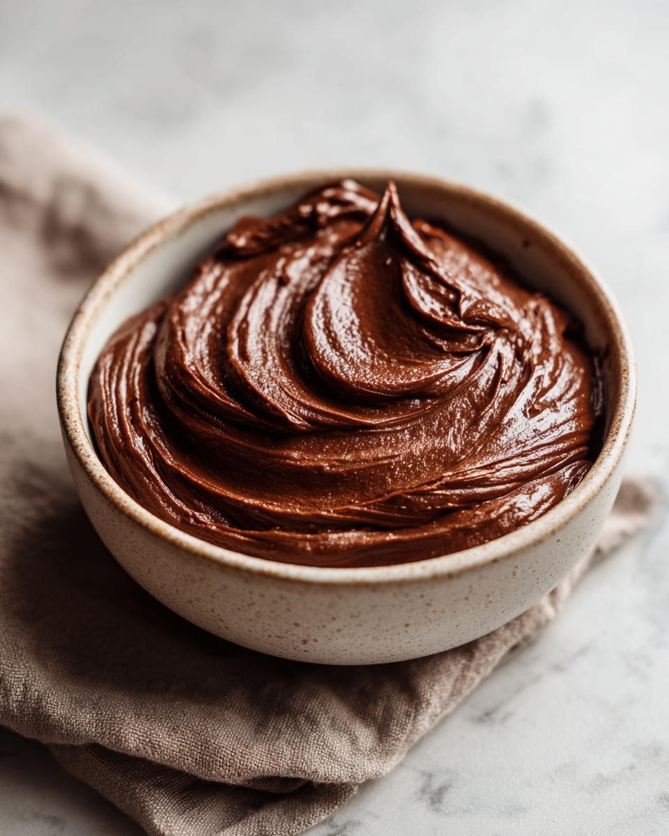 Bowl filled with smooth and creamy chocolate frosting recipes on a cloth.