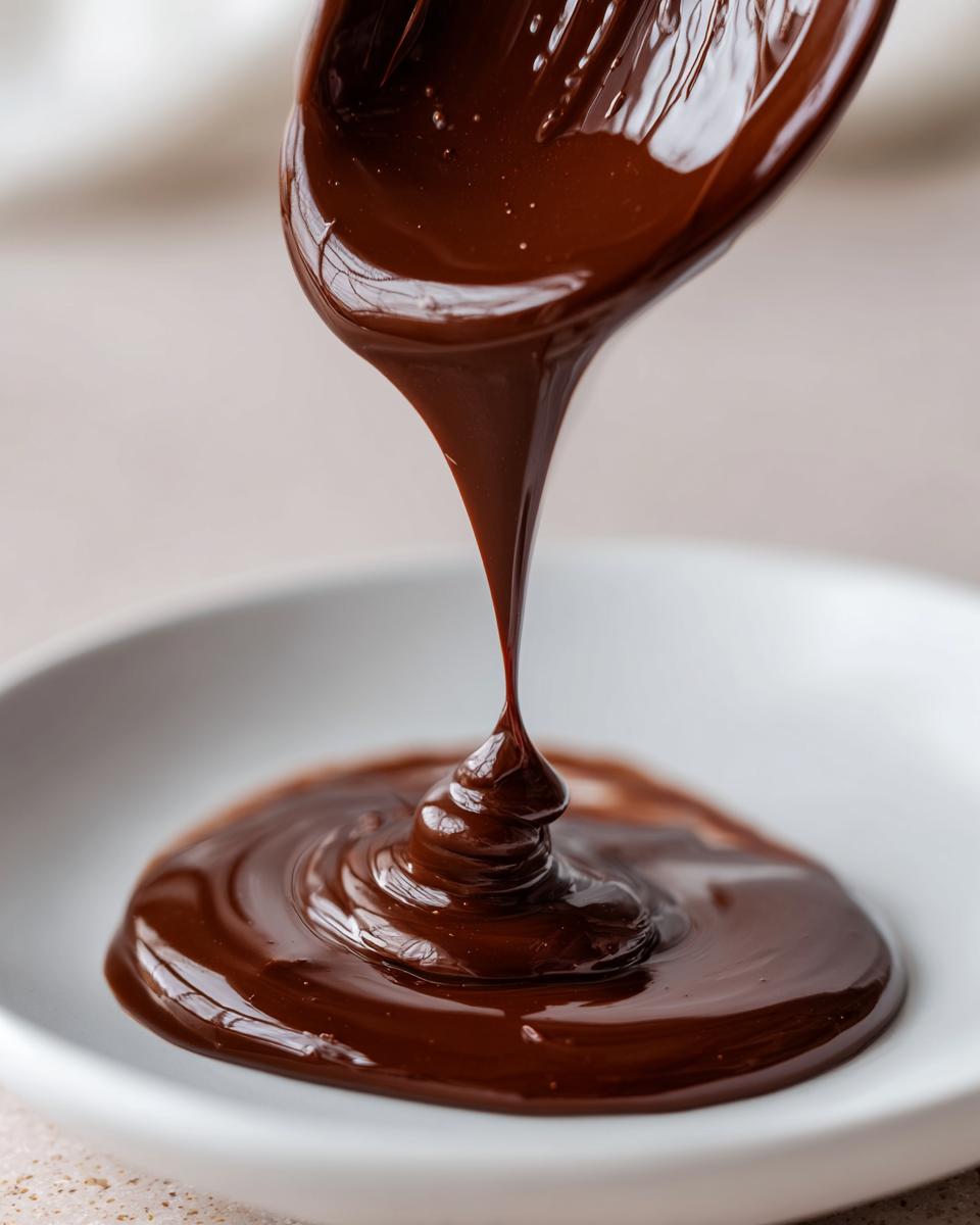 Rich and glossy homemade ganache recipe being drizzled onto a white plate.
