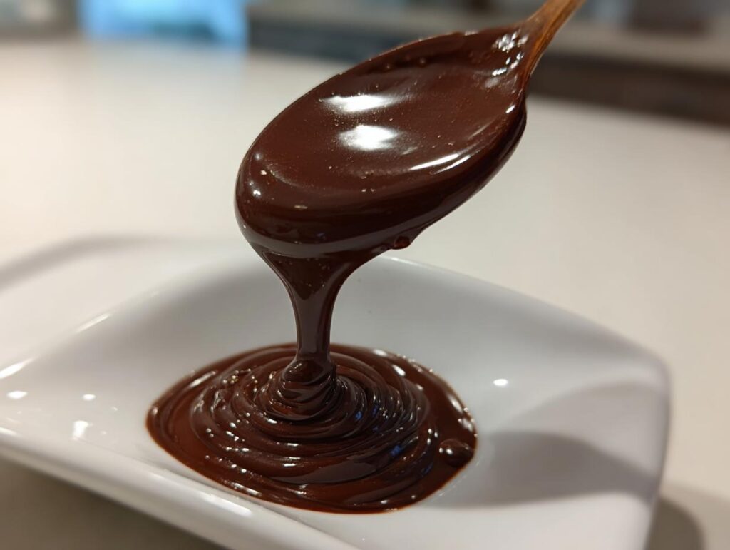 A spoon dripping smooth, glossy homemade ganache into a white dish