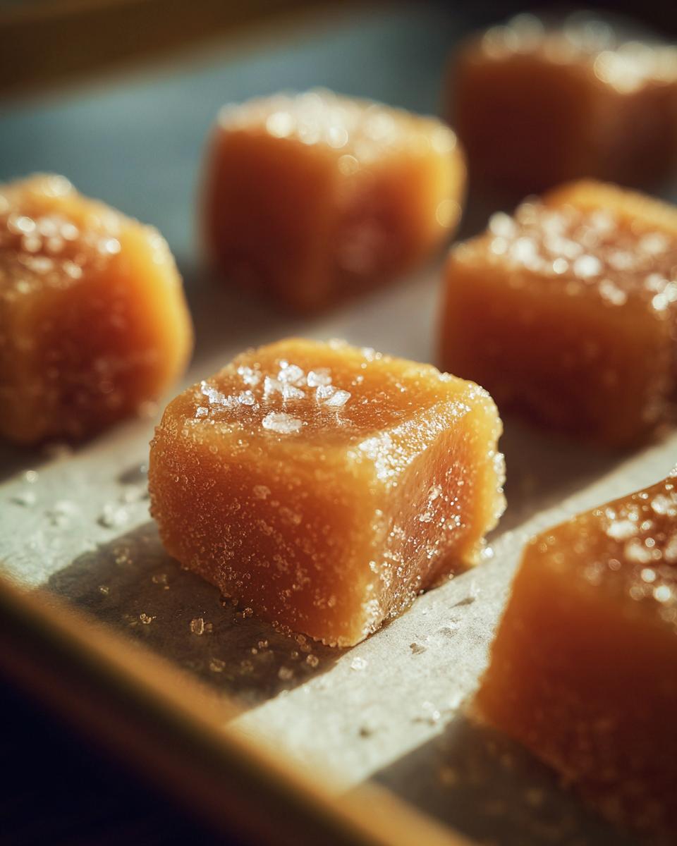 Close-up of soft caramel candy cubes sprinkled with sea salt on parchment paper.