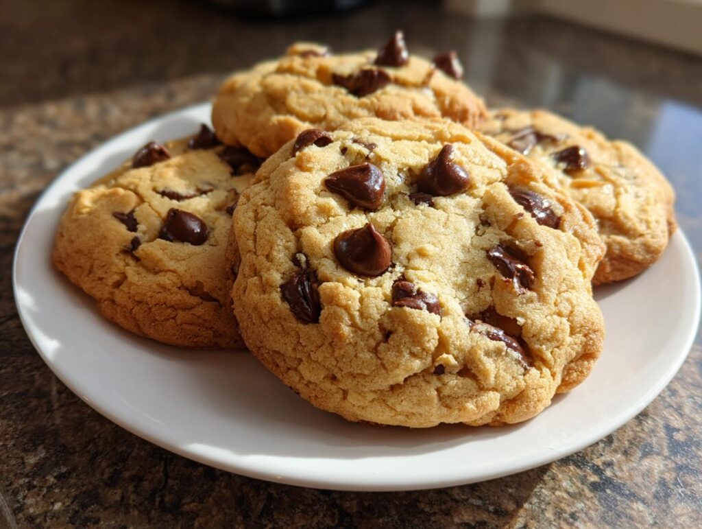 Close-up of soft chocolate chip cookies stacked on a white plate, showcasing chewy cookie recipes.