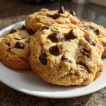 Close-up of soft chocolate chip cookies stacked on a white plate, showcasing chewy cookie recipes.