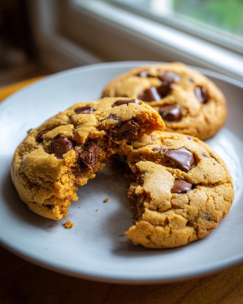 Close-up of soft chocolate chip cookies with melted chocolate chunks on a white plate