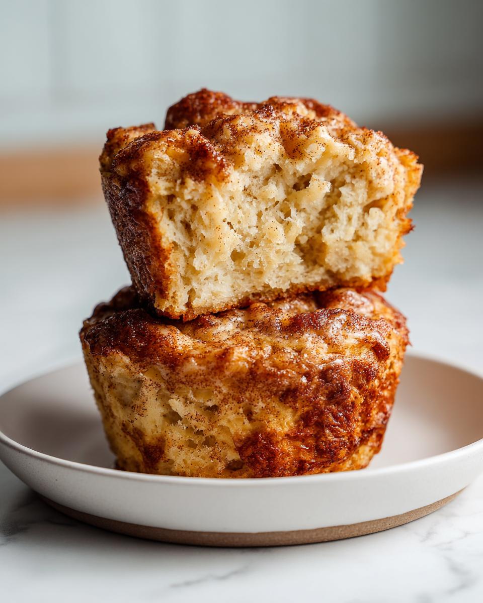 Two soft cinnamon muffins stacked on a white plate, one with a bite taken out.