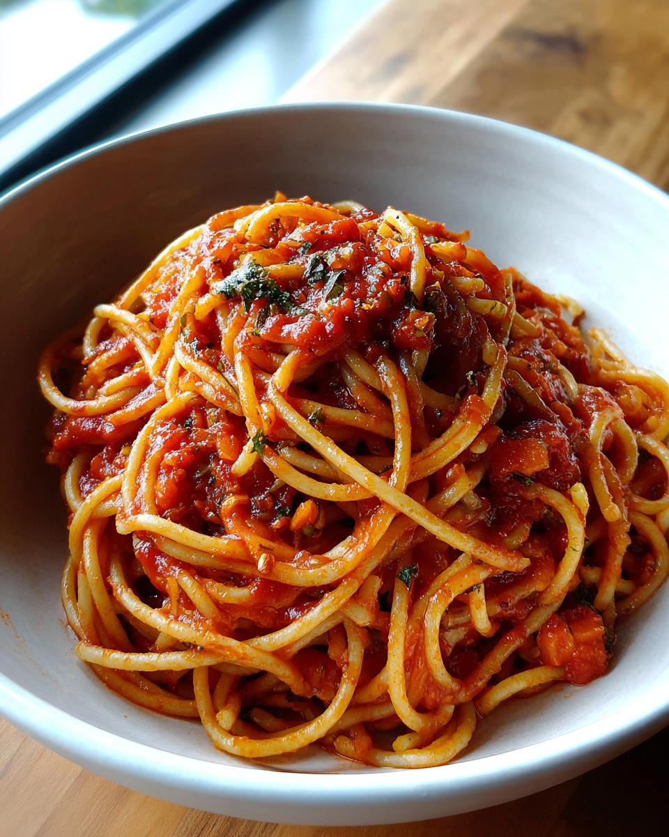 Bowl of spaghetti pasta with rich tomato sauce and herbs for pasta dinner recipes