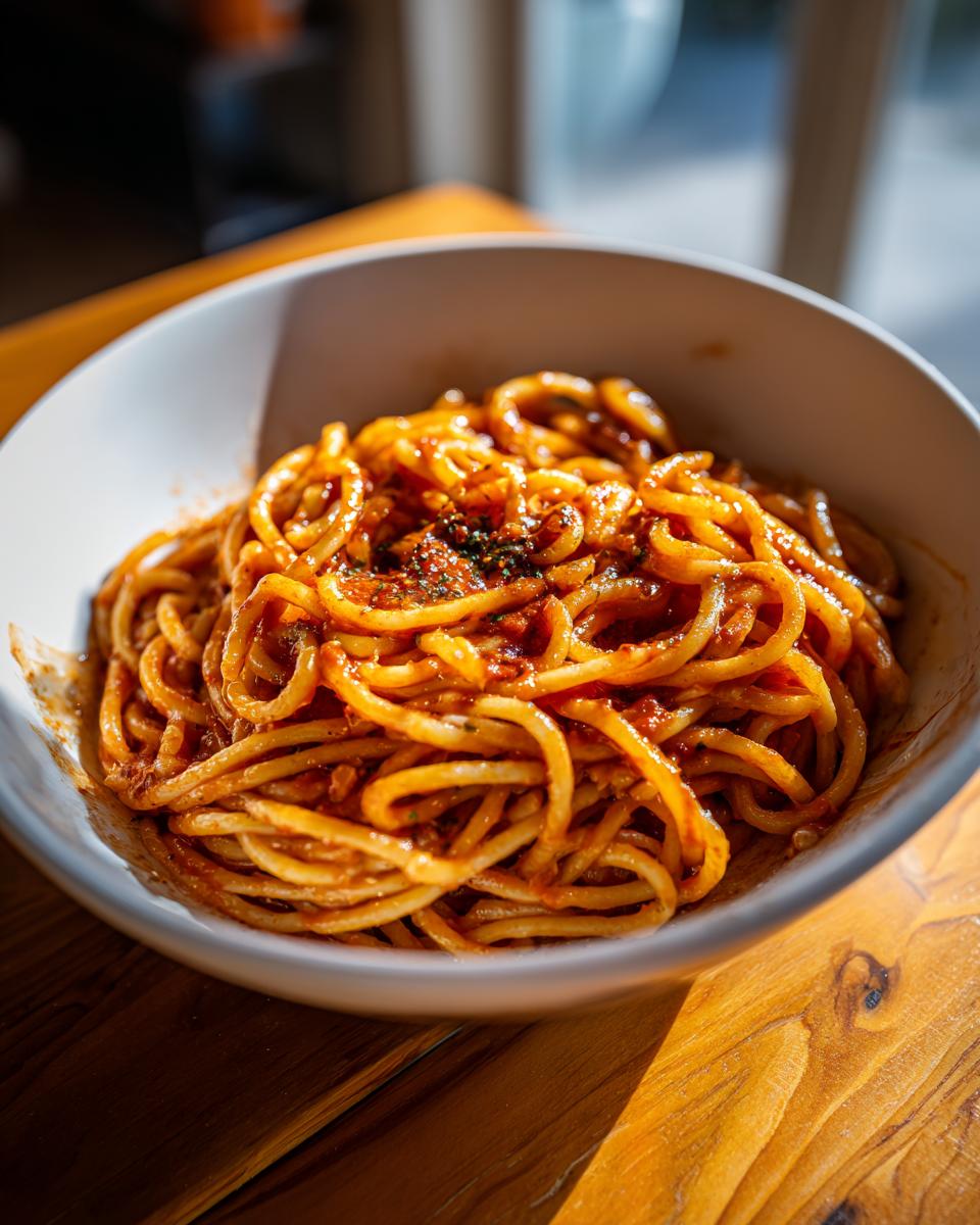 Bowl of spaghetti coated in rich tomato sauce with herbs, a perfect pasta dinner recipes dish