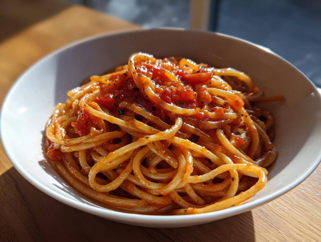 Bowl of spaghetti pasta with rich tomato sauce and black pepper, a classic pasta dinner recipes dish.