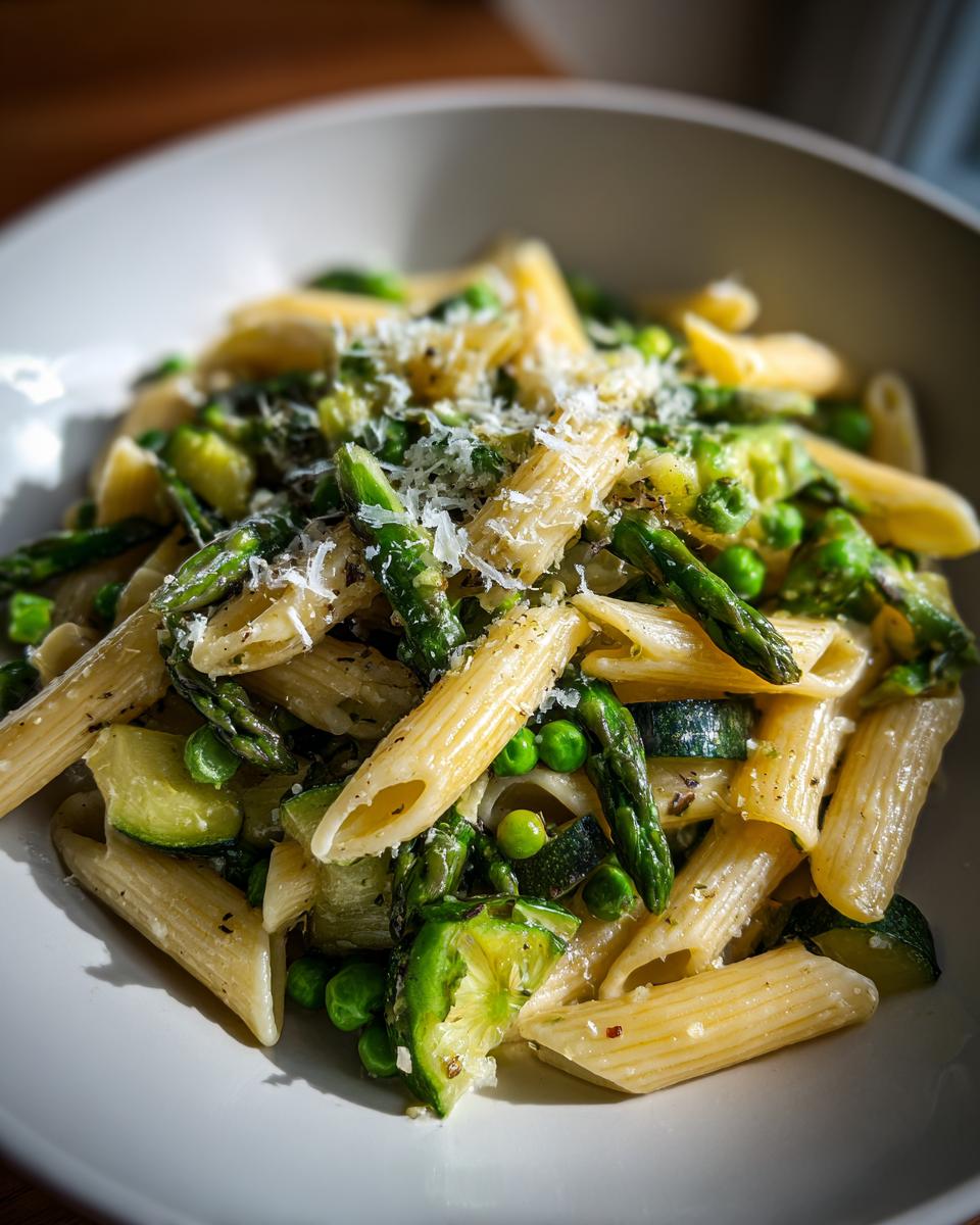 Plate of penne pasta with asparagus, peas, zucchini, and grated Parmesan cheese, a spring dinner recipe
