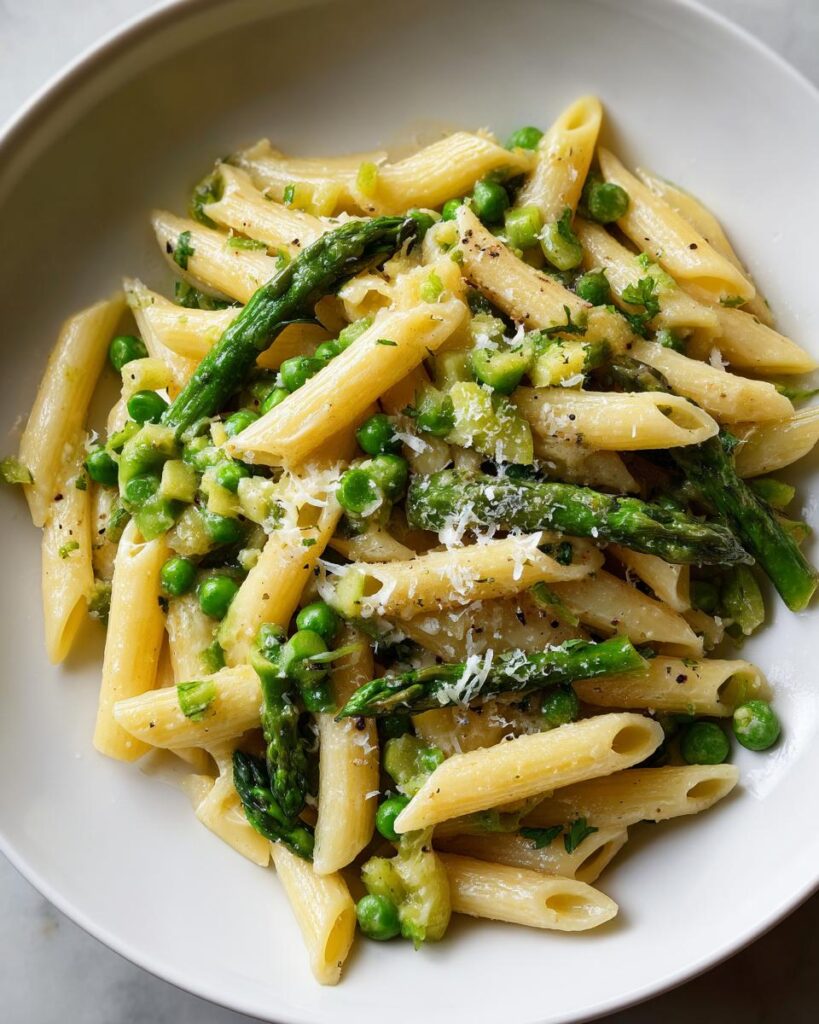 Pasta with asparagus, peas, and grated cheese in a white bowl, a spring dinner recipes dish