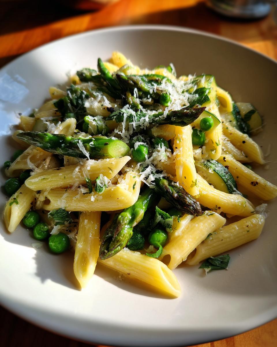 Penne pasta with asparagus, peas, herbs, and grated cheese in a white bowl, showcasing spring dinner recipes.