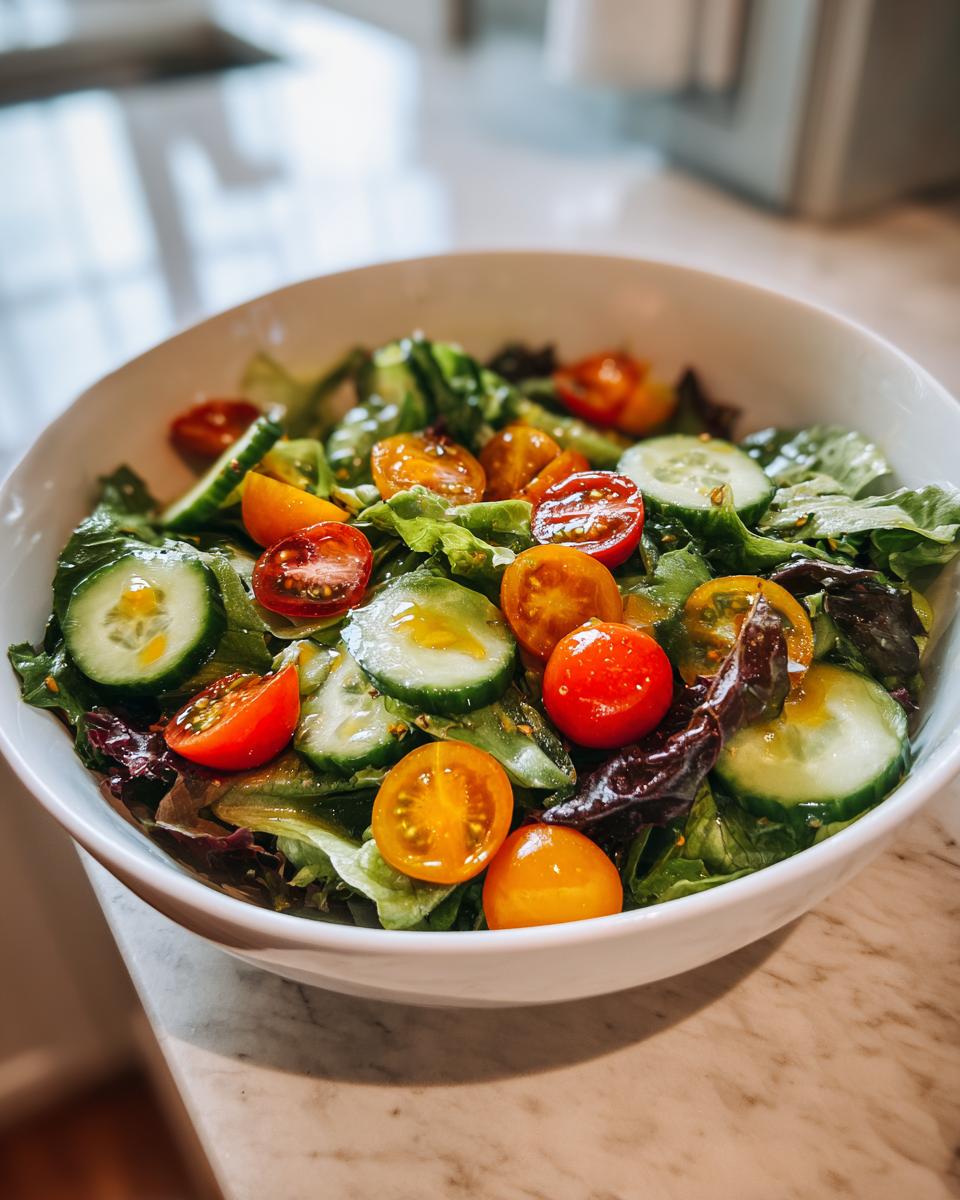 Bowl of fresh garden salad with cherry tomatoes, cucumber slices, and mixed greens for spring family meals.