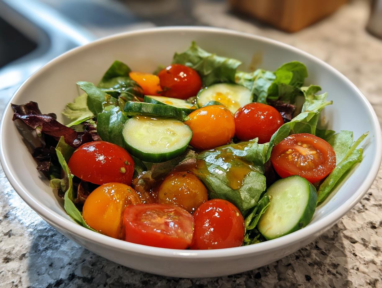 Bowl of fresh garden salad with cherry tomatoes, cucumber slices, and leafy greens for spring family meals.