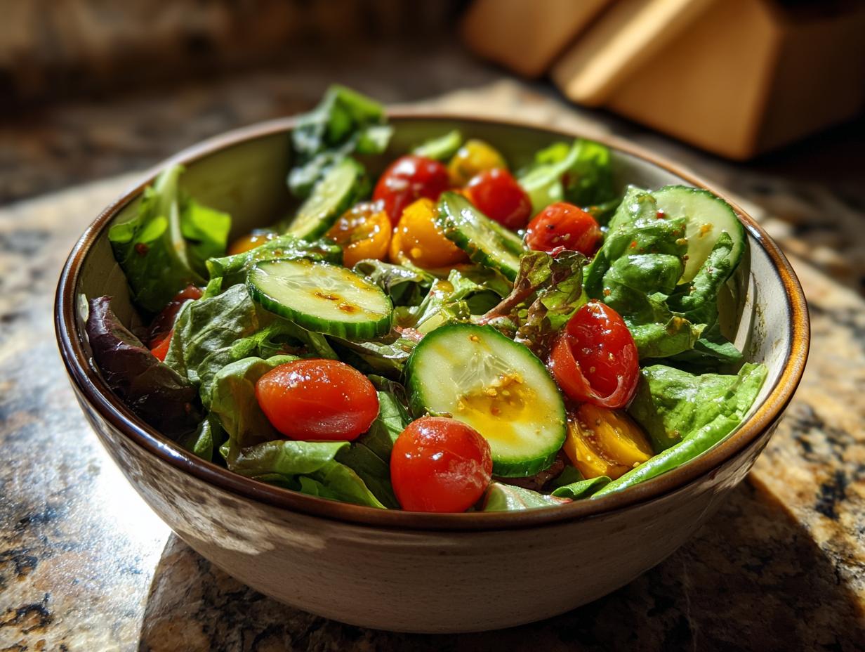 Bowl of fresh salad with cherry tomatoes, cucumber slices, and leafy greens for spring holiday recipes