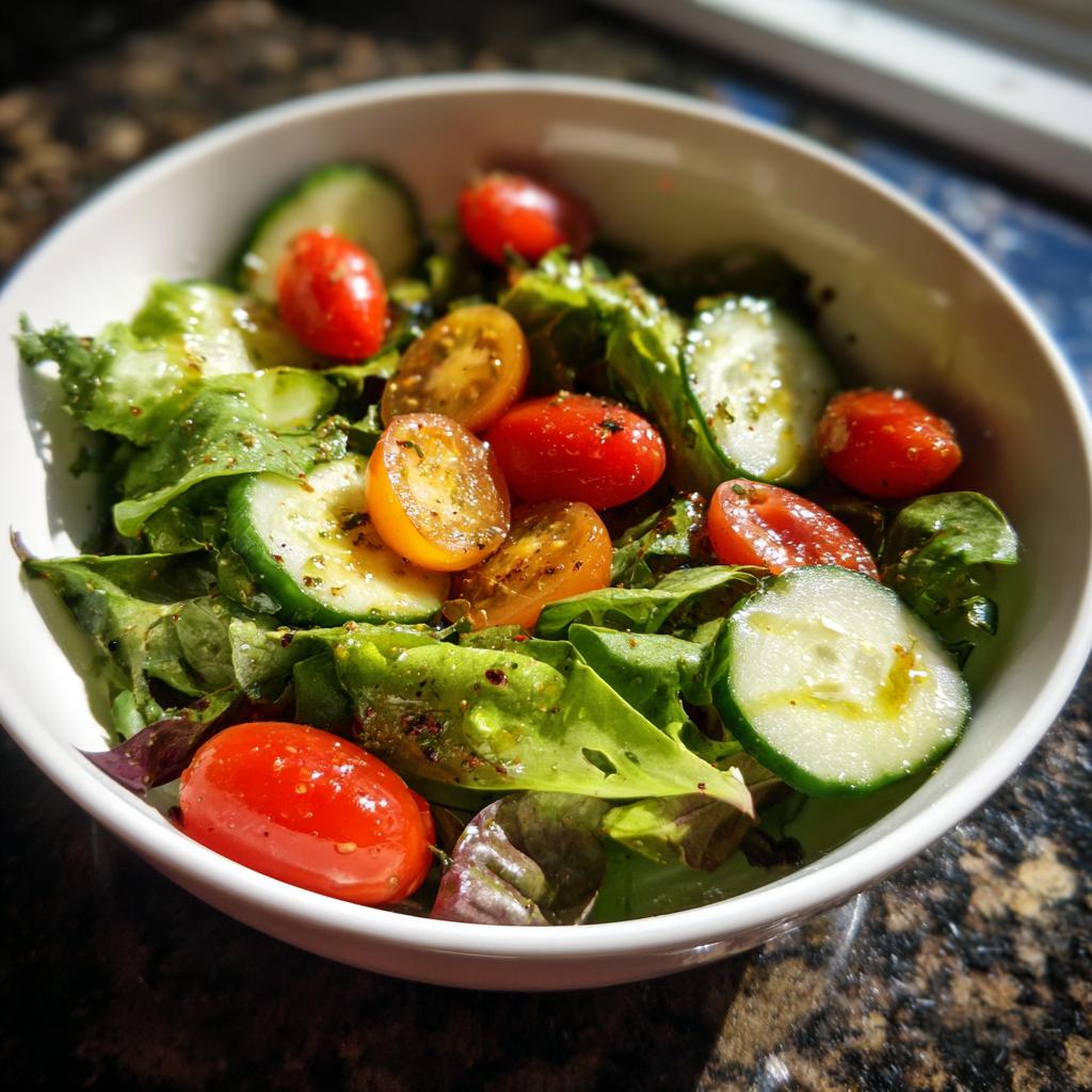 Bowl of fresh garden salad with cherry tomatoes, cucumber slices, and leafy greens for spring holiday recipes