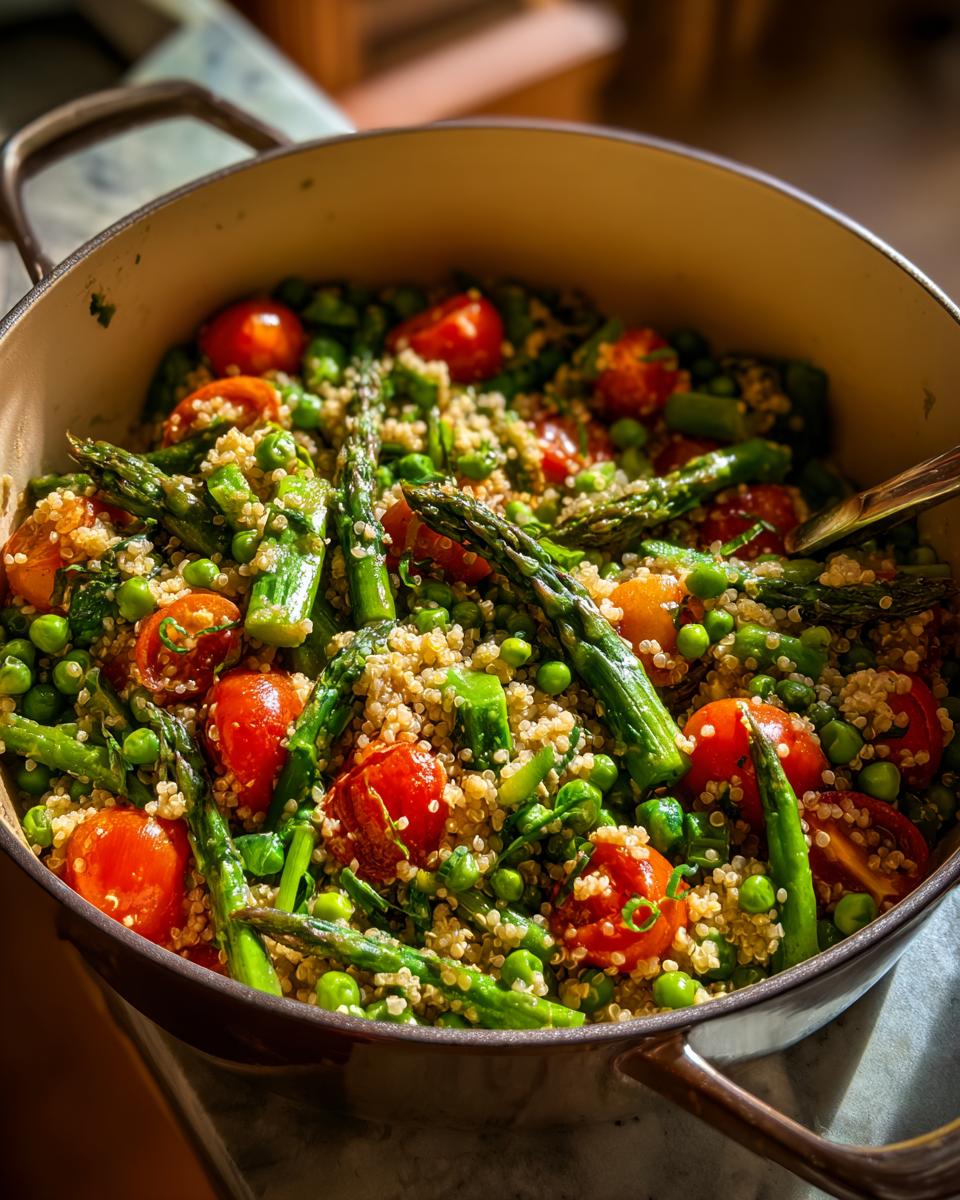 One pot meal with asparagus, cherry tomatoes, peas, and quinoa in a large pot