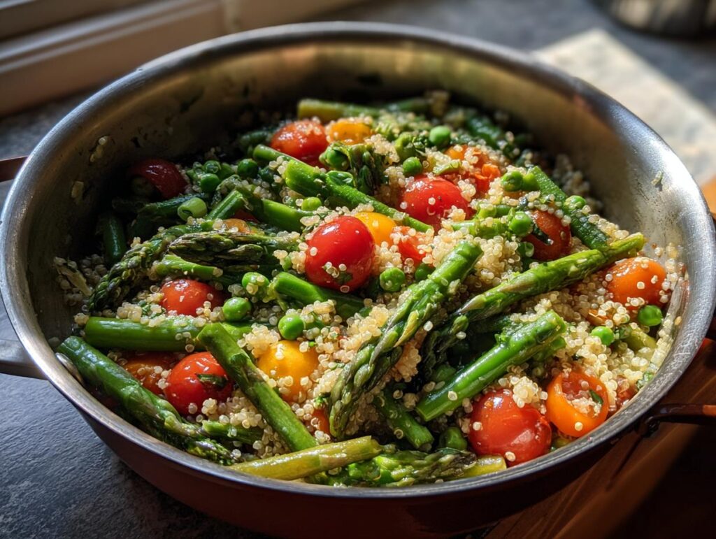 Spring one pot meals with quinoa, asparagus, cherry tomatoes, and peas in a pan