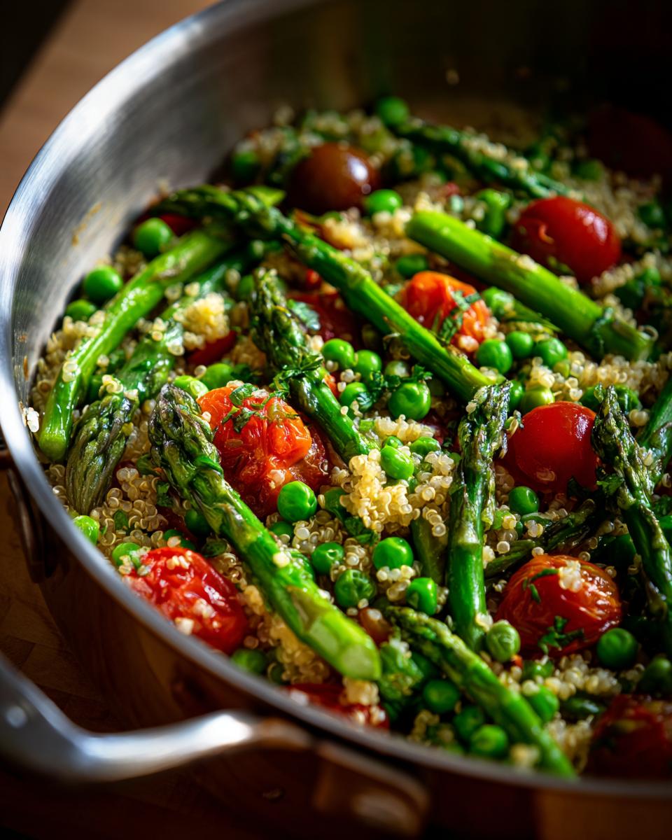 Spring one pot meals with asparagus, cherry tomatoes, green peas, and quinoa in a pan.
